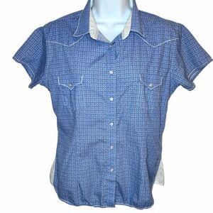 Rough Stock Blue White Trim Geometric Print Cotton Pearl Snap Western Shirt M